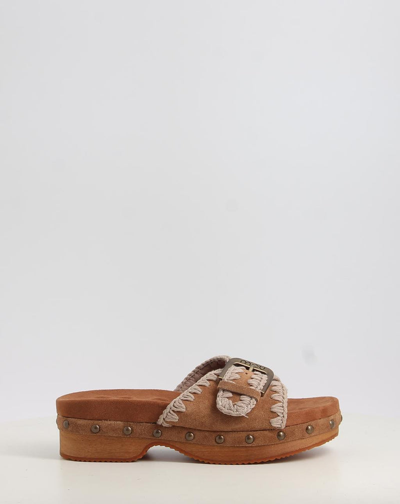 Sandali MOU LOW HEEL WOOD CLOG WITH BUCKLE cuoio