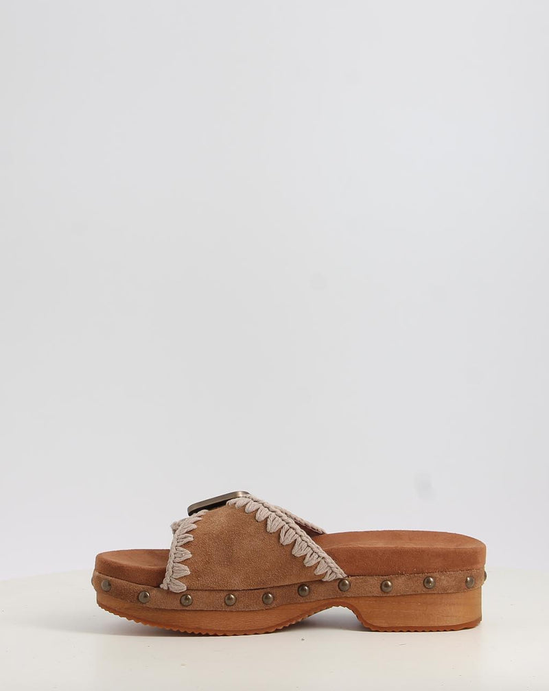 Sandali MOU LOW HEEL WOOD CLOG WITH BUCKLE cuoio
